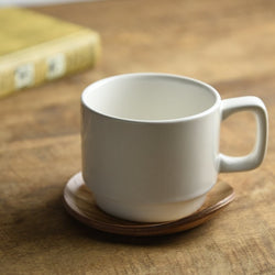 White Cup & Wood Saucer Set